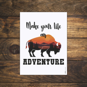 Affiche pour décorer une chambre ou un salon représentant le texte make your life an adventure en noir et la silhouette d'un bison dans laquelle est représenté un paysage de couché de soleil sur des montagnes aux dégradés orange à violet