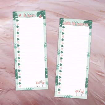 Blocs listes à faire ou liste de courses au choix représentant deux petits flamants roses avec un contour de feuilles vert menthe et vert foncé