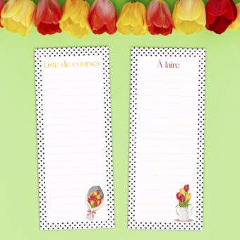 Blocs listes à faire ou liste de courses au choix représentant des bouquets de tulipes rouges et jaunes avec un contour de pois noirs