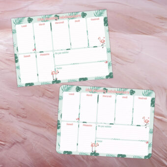 Bloc semainier représentant deux petits flamants roses avec un contour de feuilles vert menthe et vert foncé - coins ronds ou droits au choix