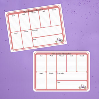 Bloc semainier représentant un bicyclette violette et des fleurs rose corail avec des contours rose corail - coins ronds ou droits au choix