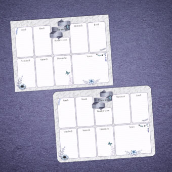 Bloc semainier représentant des éléments boho bleus et violets sur un fond gris clair avec des écritures calligraphiées - coins ronds ou droits au choix