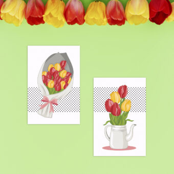 Lot de deux cartes postales représentant des bouquet de tulipes rouges et jaunes sur un bandeau de pois noirs