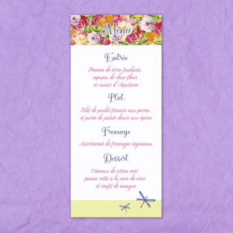 Menu de naissance ou baptême carré coloré aux motifs frais et printaniers de fleurs et de libellules