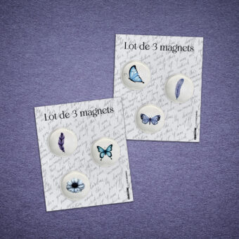 Lots de 3 mini magnets Purple dream aux motifs bohèmes de plumes et papillons dans des tons doux et pastels. Plusieurs lots au choix.