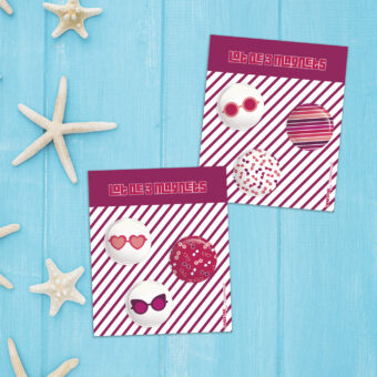 Lot de 3 mini magnets Ibiza aux motifs de lunettes de soleil et de rayures colorées dans les tons roses et violets. Plusieurs lots au choix.
