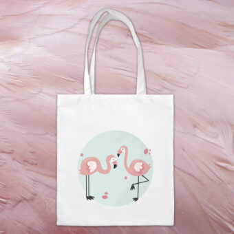 Tote bag 100% coton représentant deux flamants roses sur fond bleu