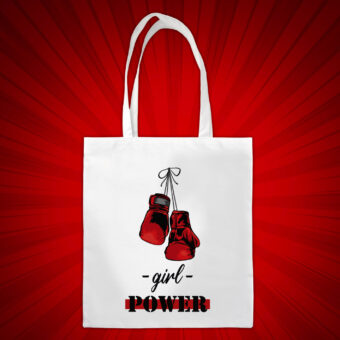Tote bag en coton avec un motif de gants de boxe rouges suspendus et le texte girl power écrit en dessous. Pour les femmes fières et combattantes !
