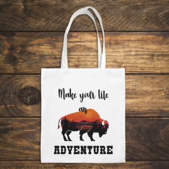 Tote bag 100% coton avec un bison des plaines de l'ouest sauvage parti pour l'aventure